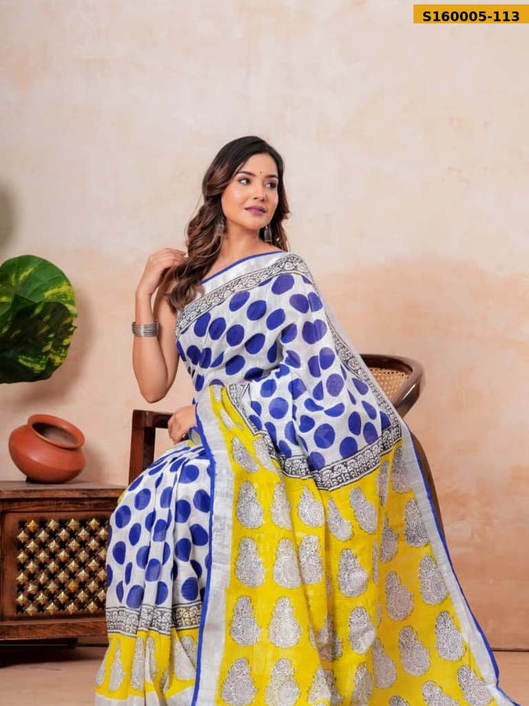 Fancy Handblock Print Linen Sarees