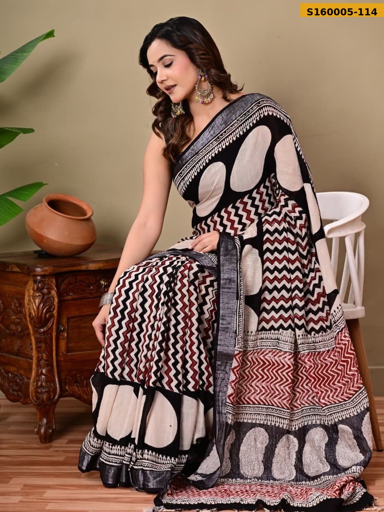 Fancy Handblock Print Linen Sarees