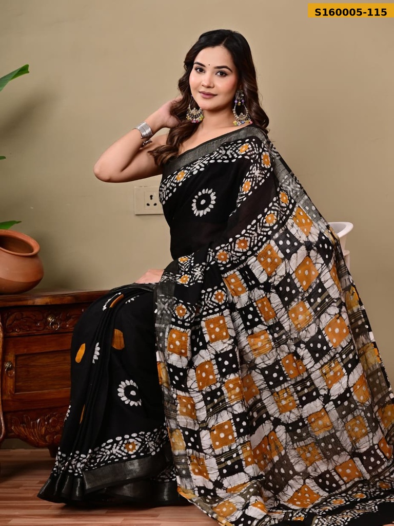 Fancy Handblock Print Linen Sarees