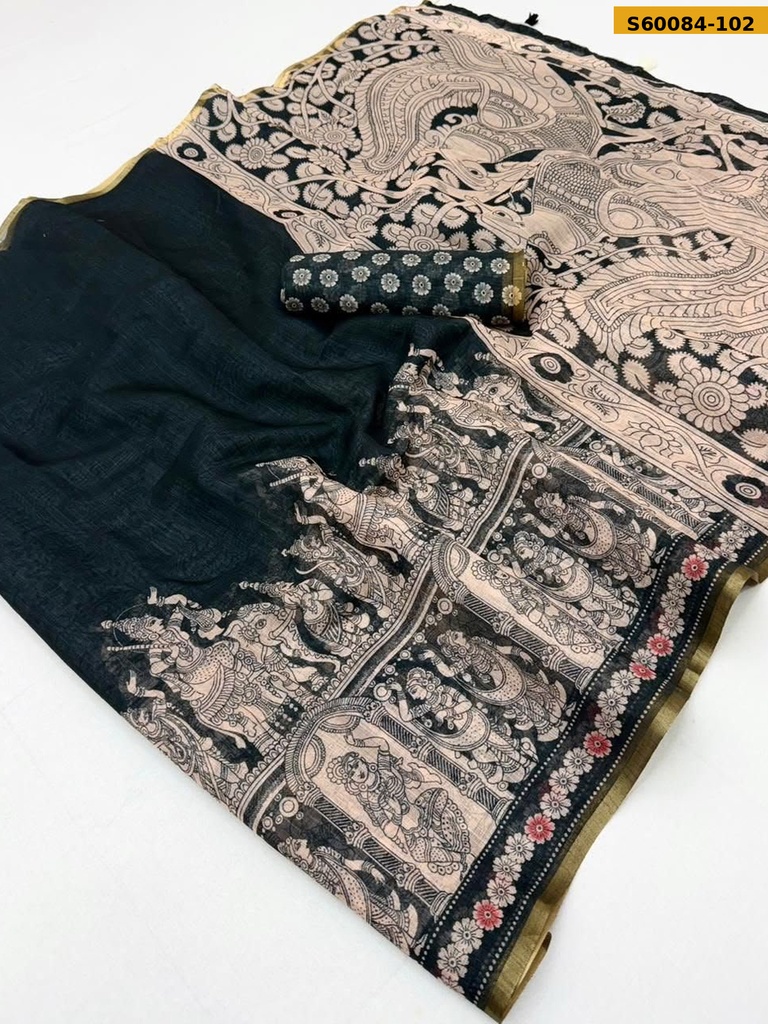 Fancy Soft Linen Kalamkari Printed Saree
