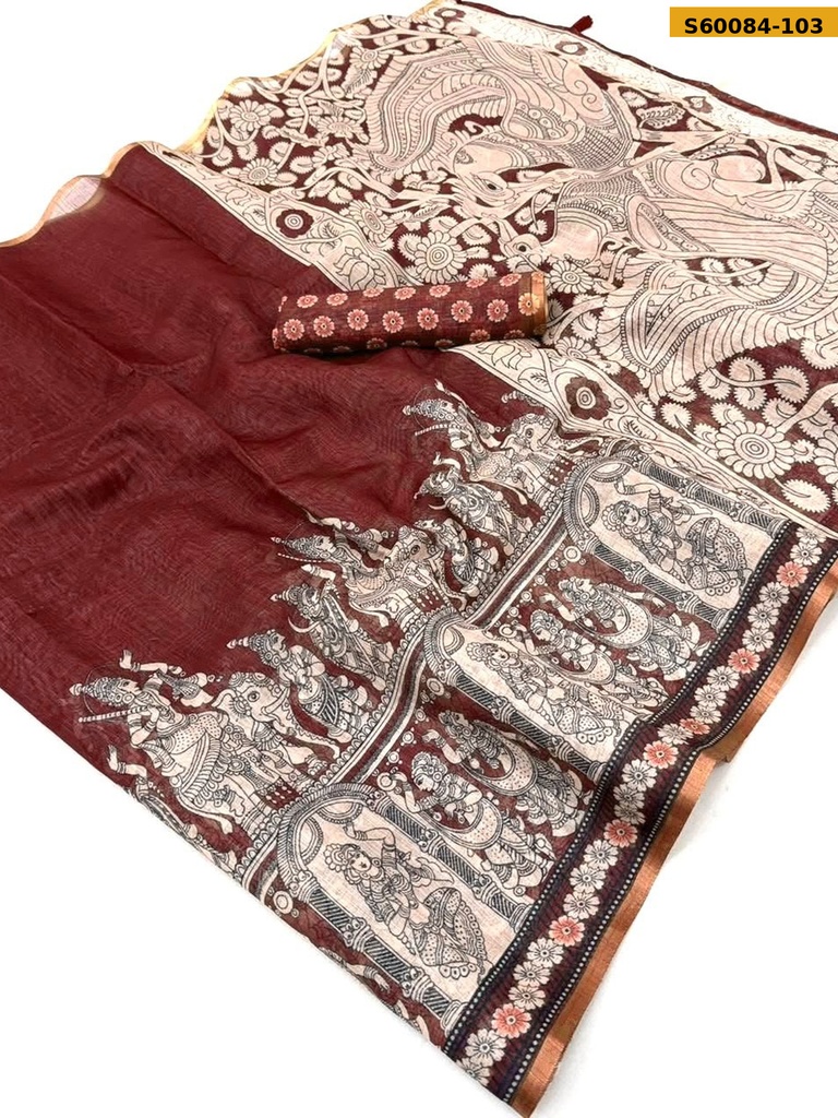 Fancy Soft Linen Kalamkari Printed Saree