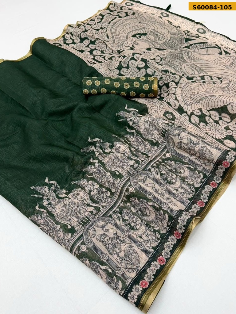 Fancy Soft Linen Kalamkari Printed Saree
