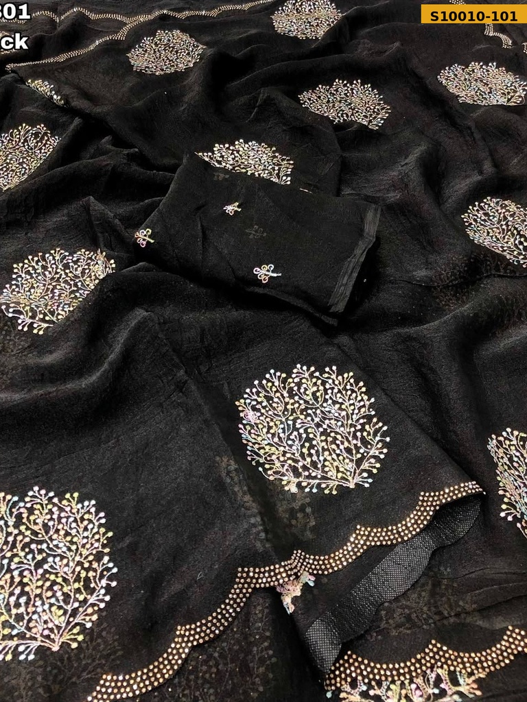 Fancy Moss Shining embroidery work sarees