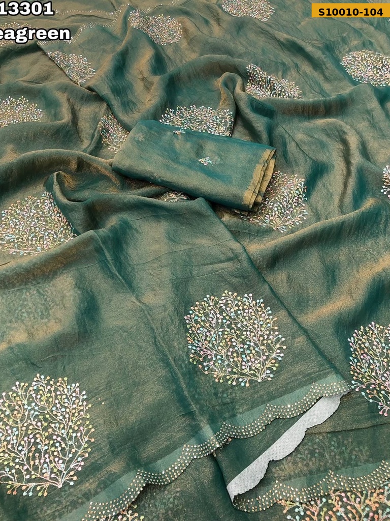 Fancy Moss Shining embroidery work sarees