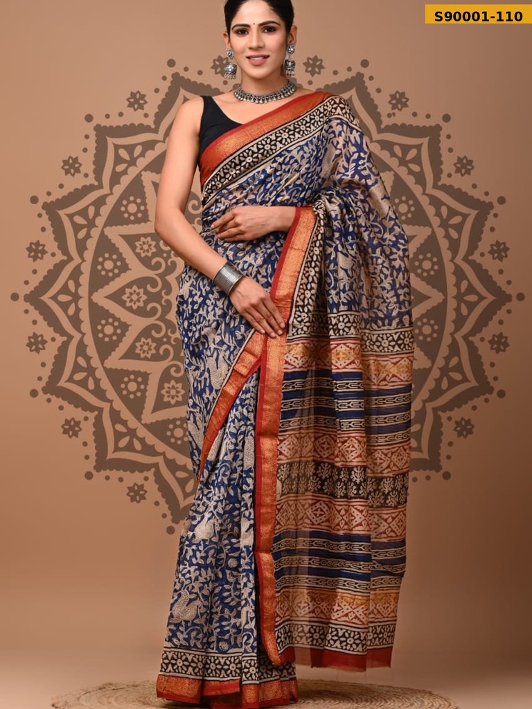 Handblock Printed Maheswari Silk Sarees