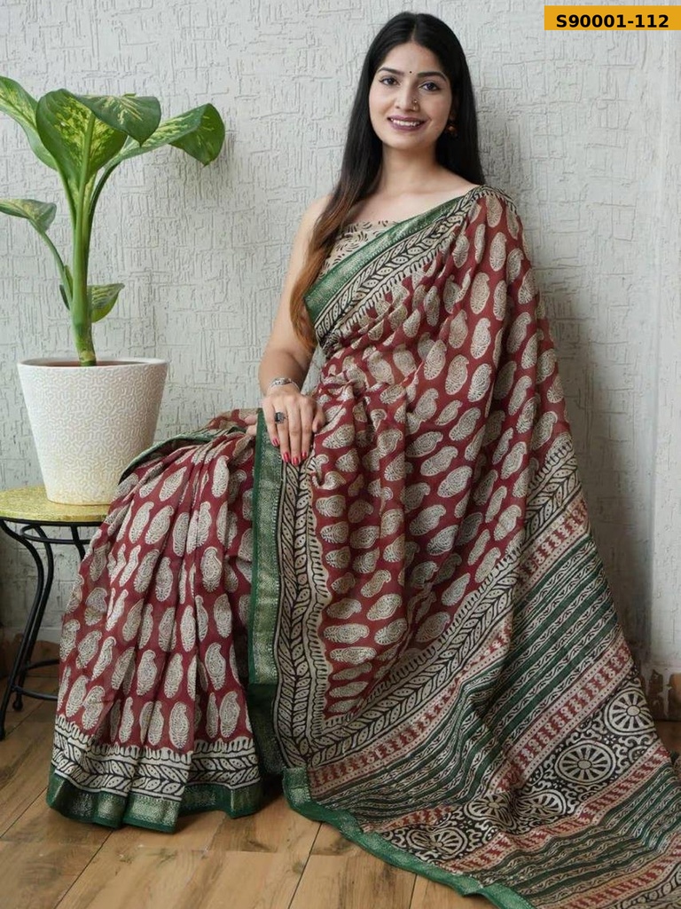 Handblock Printed Maheswari Silk Sarees
