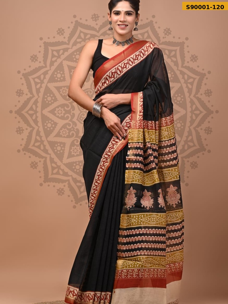 Handblock Printed Maheswari Silk Sarees