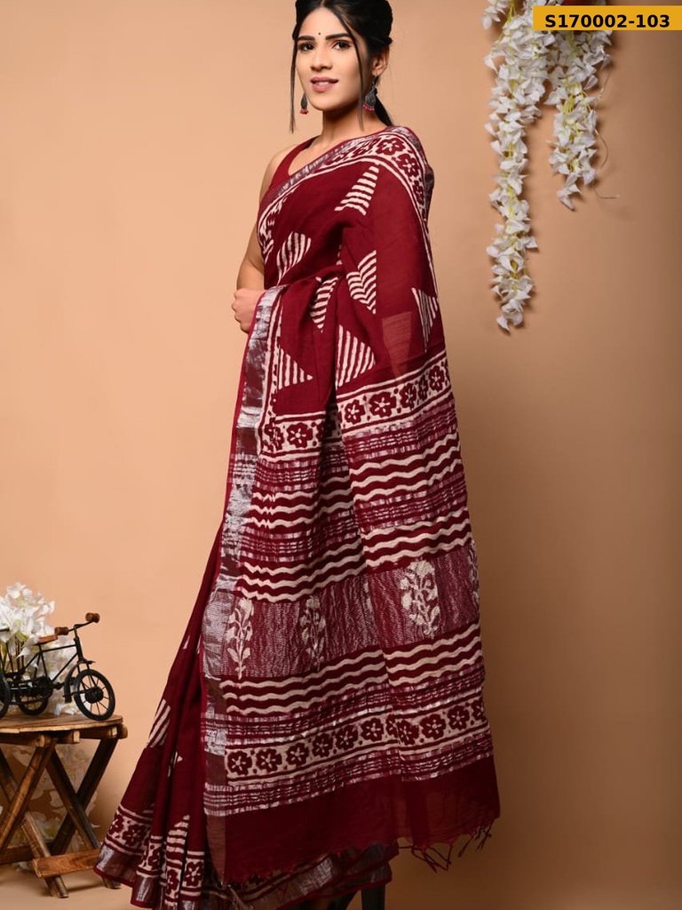 Fancy Handblock Print Linen Sarees