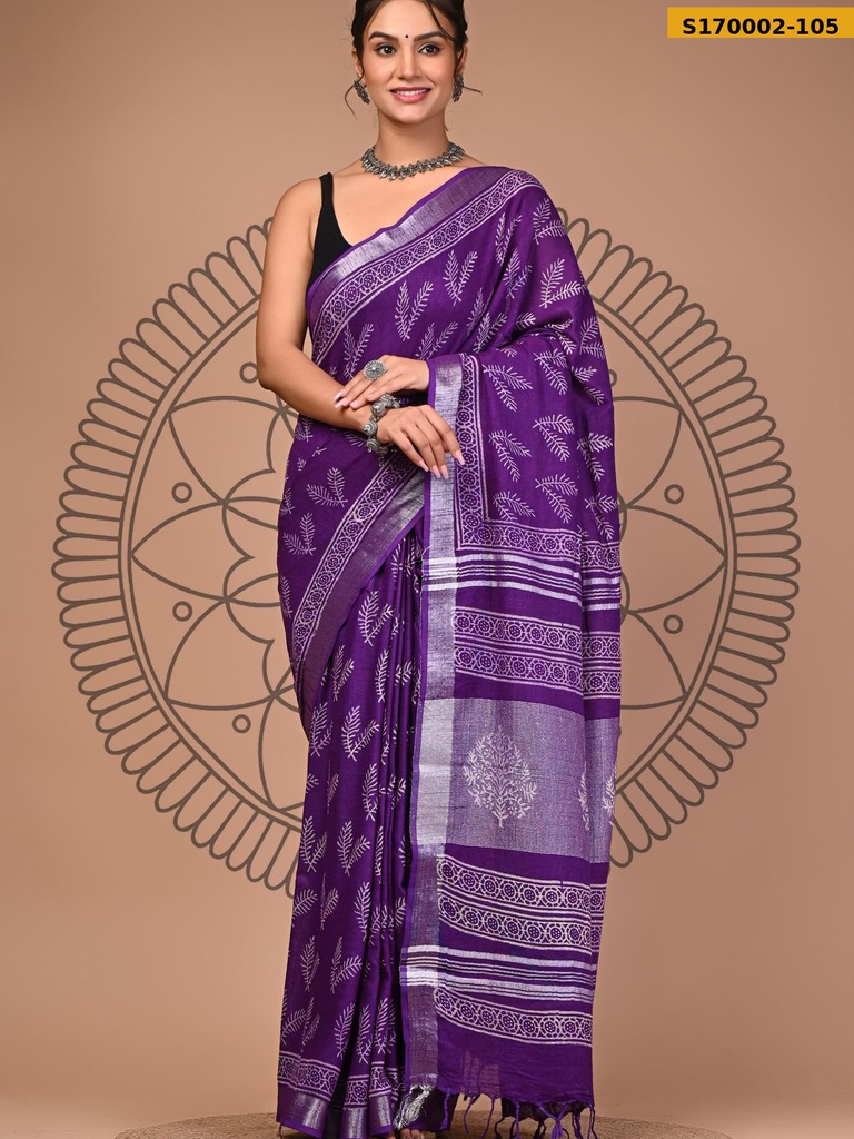 Fancy Handblock Print Linen Sarees