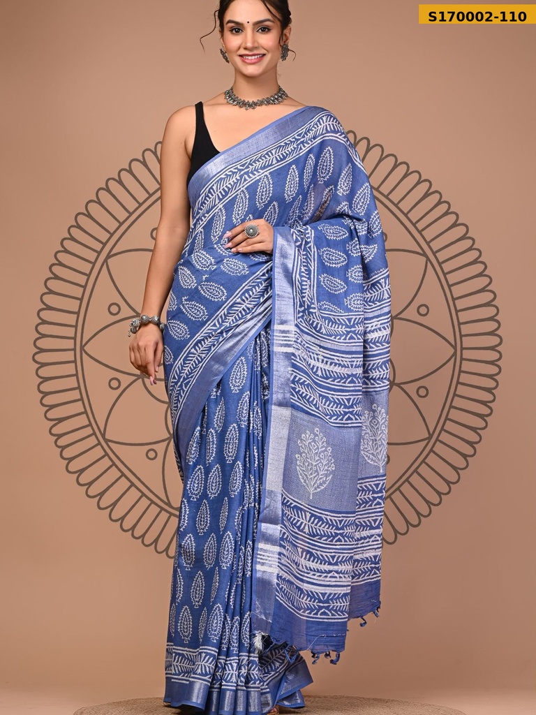 Fancy Handblock Print Linen Sarees