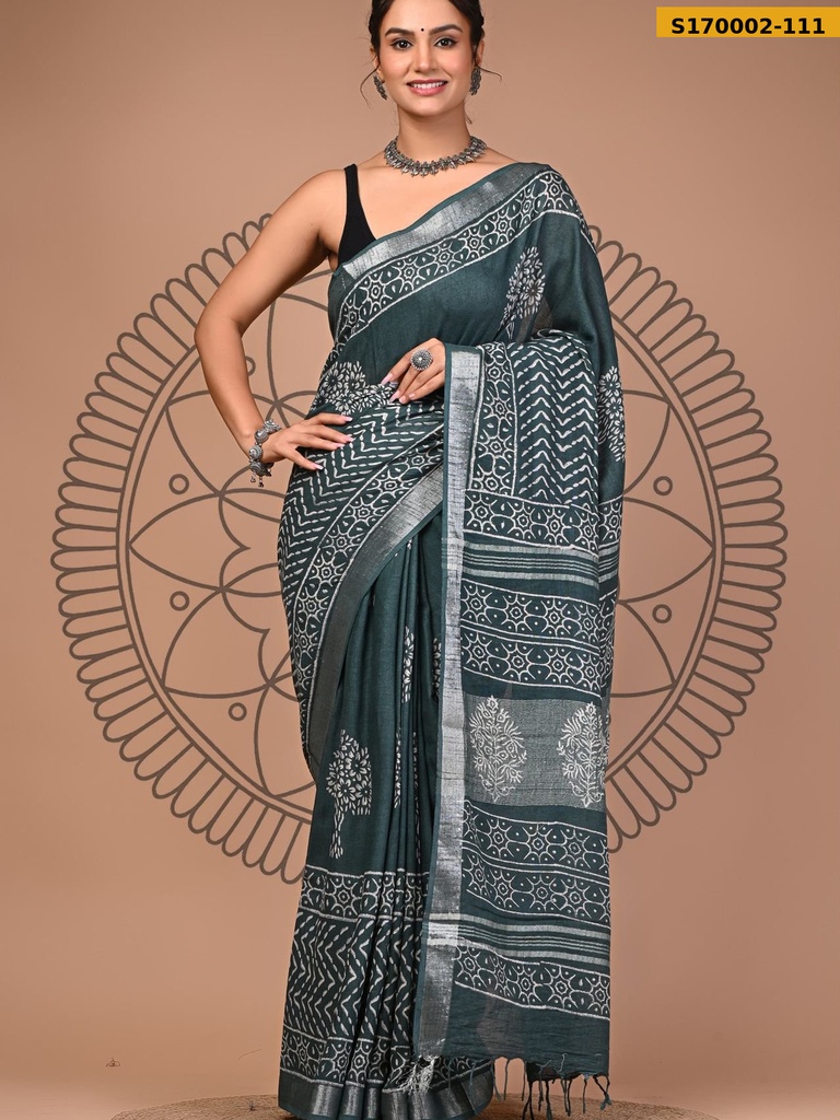 Fancy Handblock Print Linen Sarees