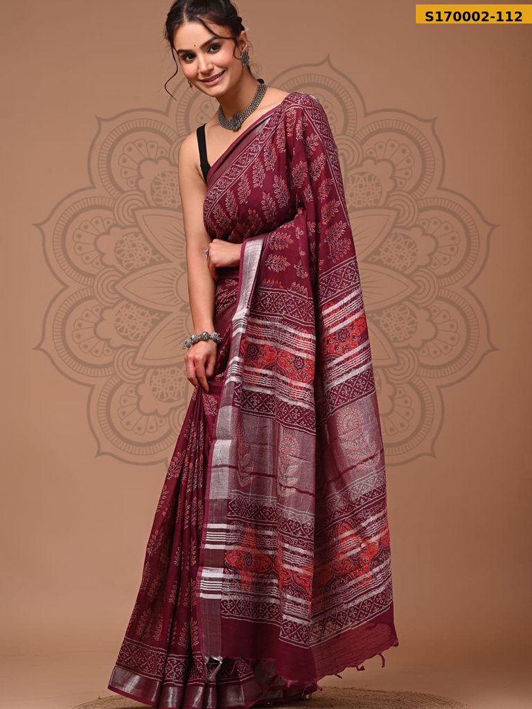 Fancy Handblock Print Linen Sarees