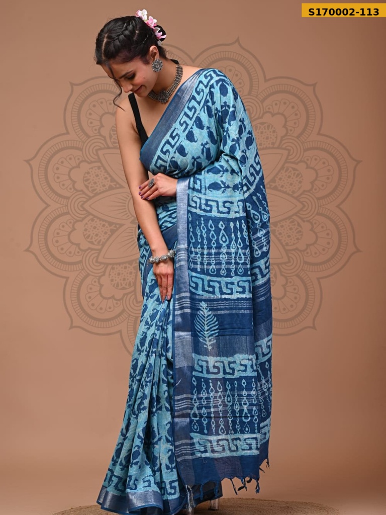 Fancy Handblock Print Linen Sarees