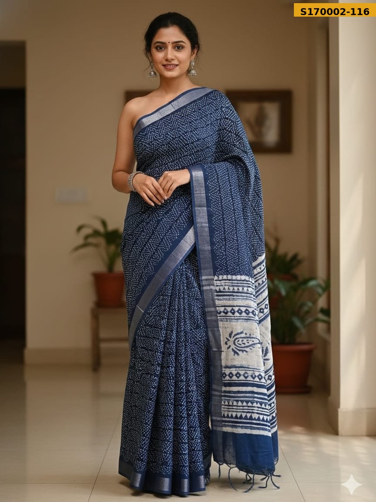 Fancy Handblock Print Linen Sarees