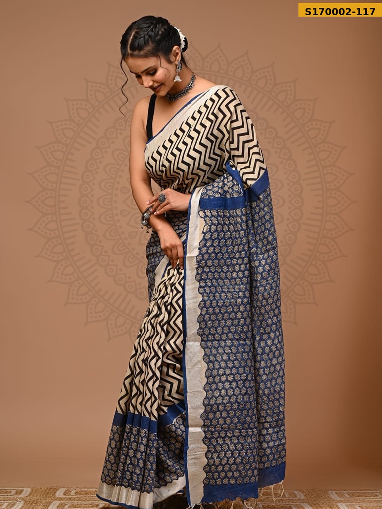 Fancy Handblock Print Linen Sarees