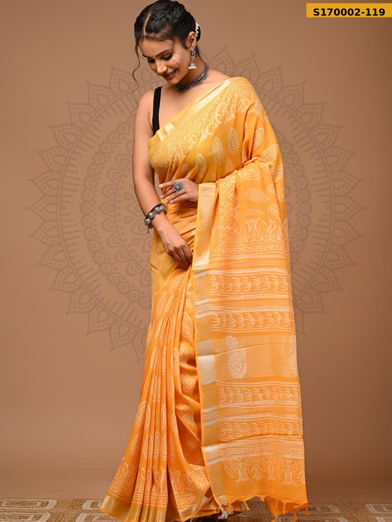 Fancy Handblock Print Linen Sarees