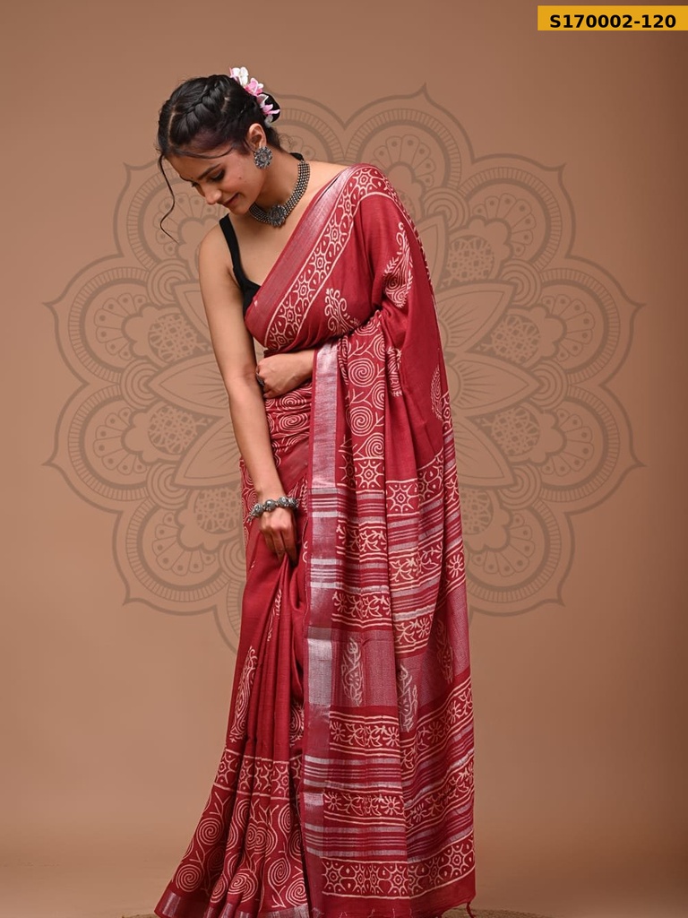 Fancy Handblock Print Linen Sarees