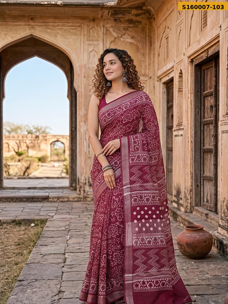 Fancy Handblock Print Linen Sarees