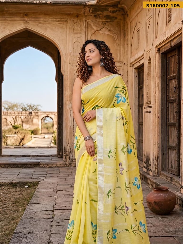 Fancy Handblock Print Linen Sarees