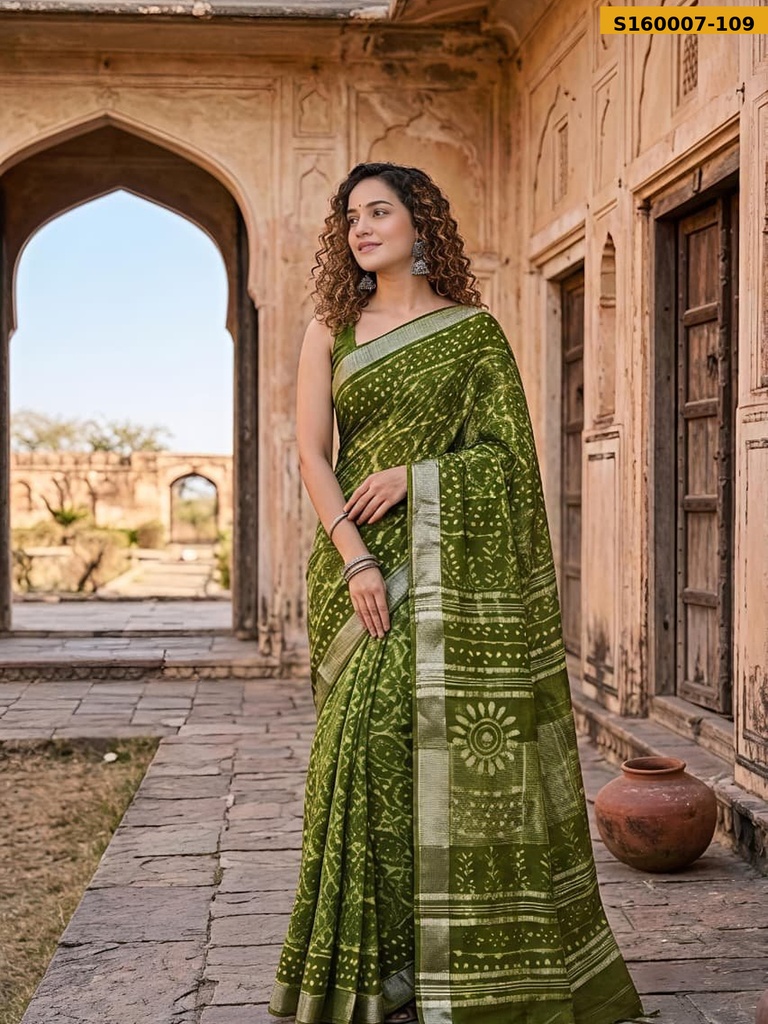 Fancy Handblock Print Linen Sarees
