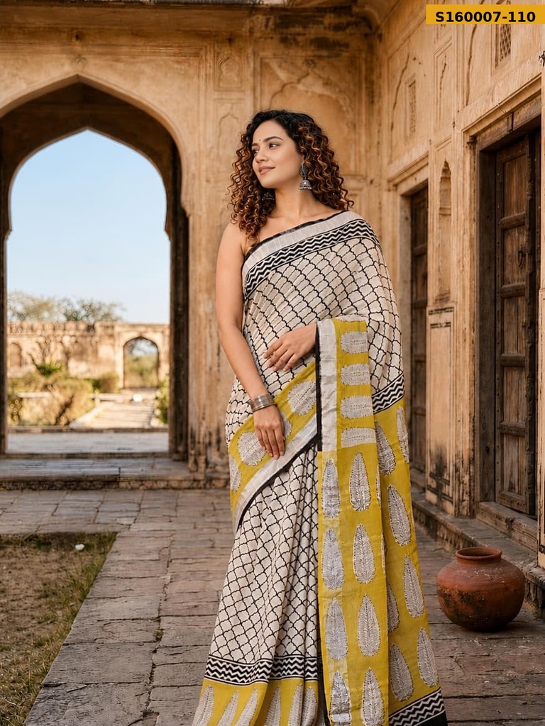 Fancy Handblock Print Linen Sarees