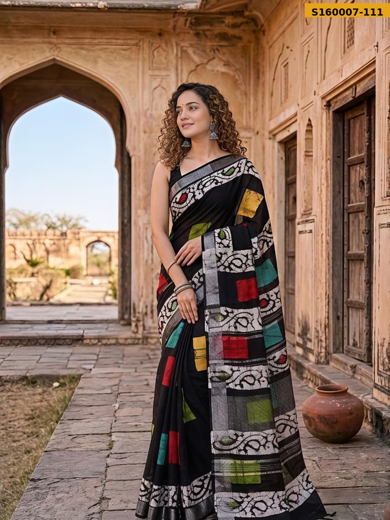 Fancy Handblock Print Linen Sarees