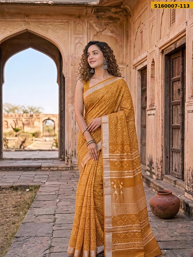 Fancy Handblock Print Linen Sarees