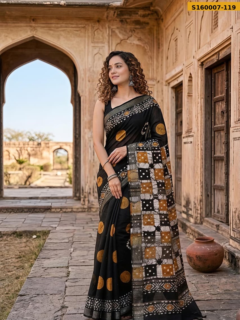 Fancy Handblock Print Linen Sarees