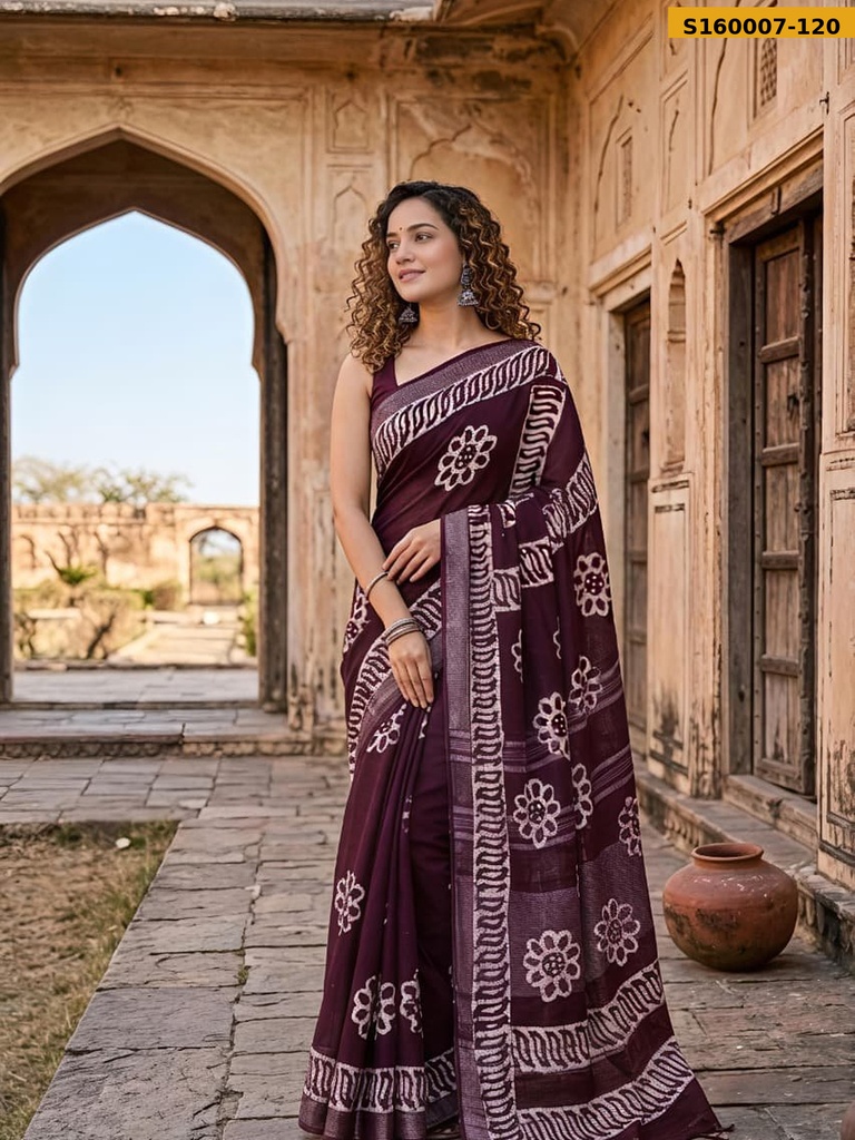Fancy Handblock Print Linen Sarees