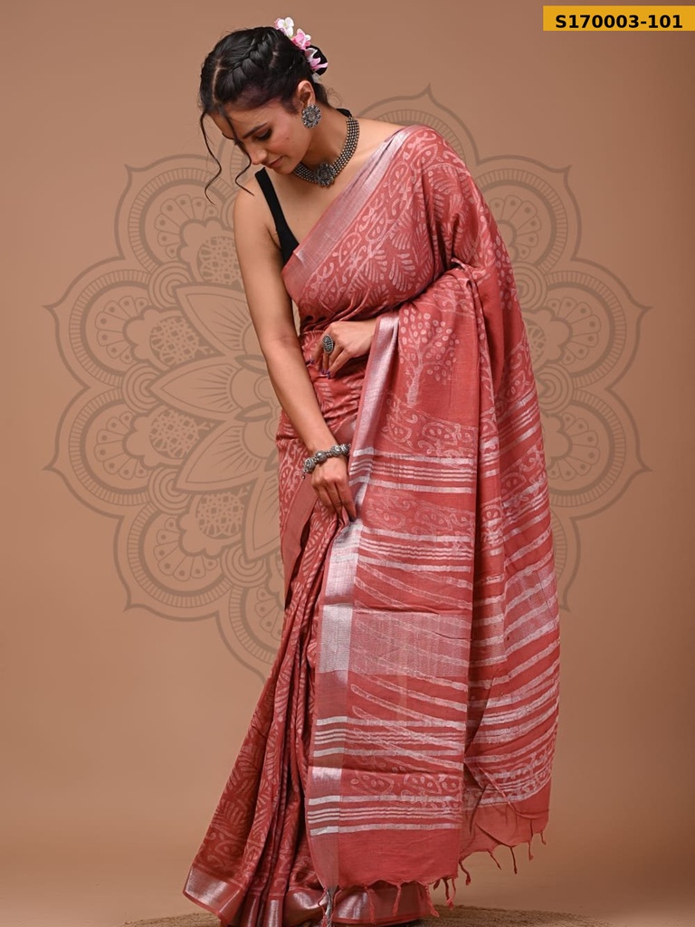 Fancy Handblock Print Linen Sarees