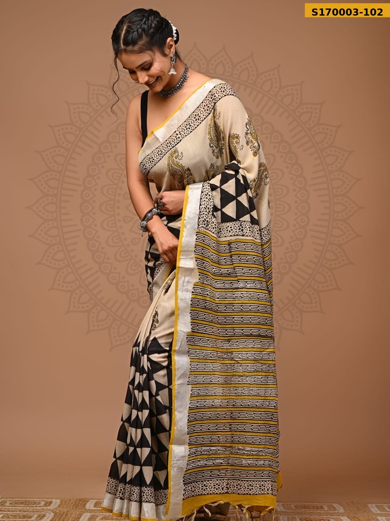 Fancy Handblock Print Linen Sarees