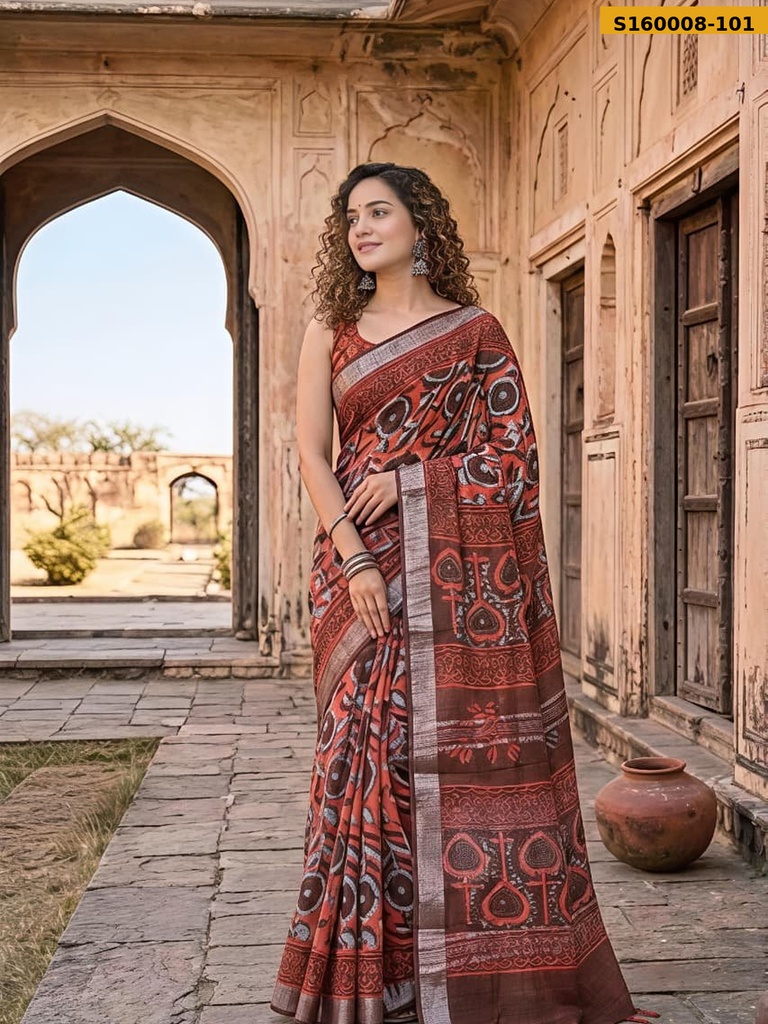 Fancy Handblock Print Linen Sarees