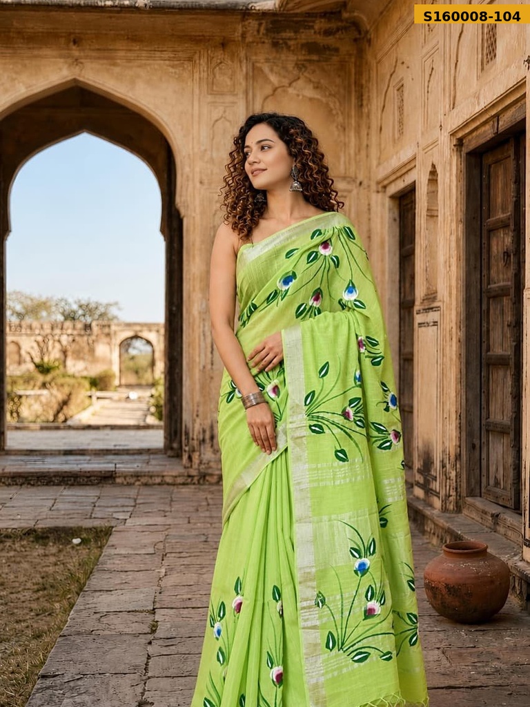 Fancy Handblock Print Linen Sarees