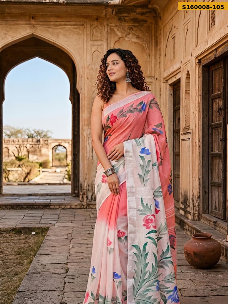 Fancy Handblock Print Linen Sarees
