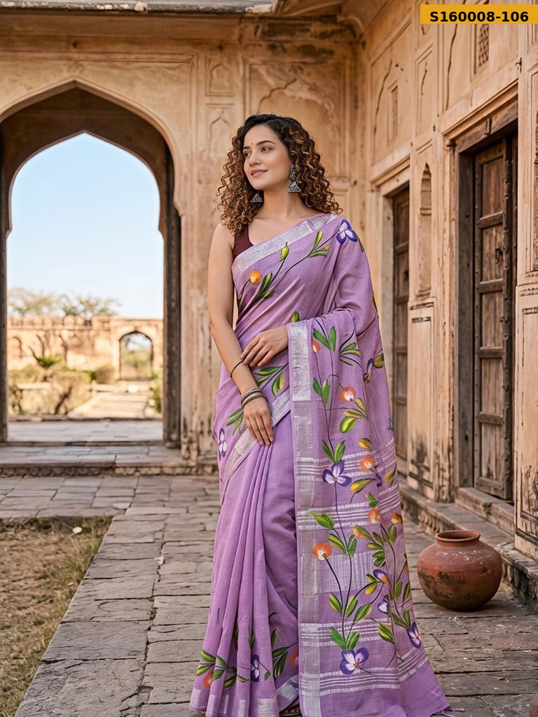 Fancy Handblock Print Linen Sarees