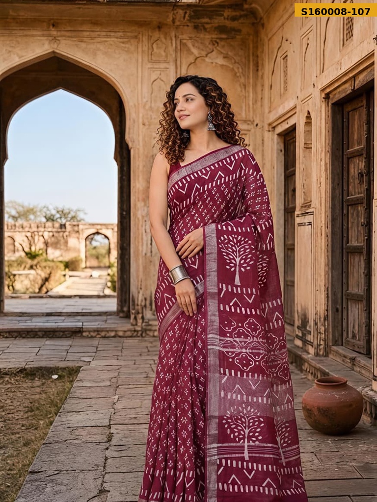 Fancy Handblock Print Linen Sarees