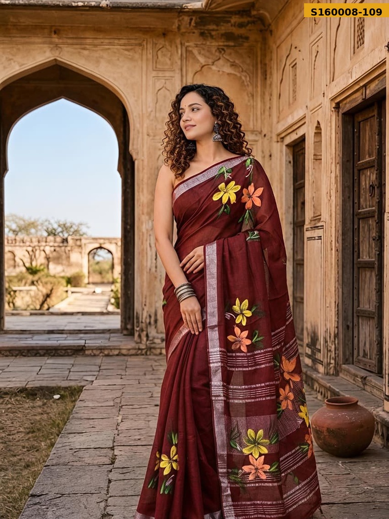Fancy Handblock Print Linen Sarees