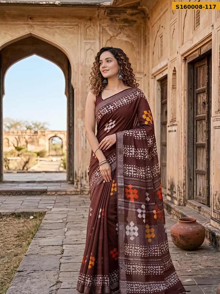 Fancy Handblock Print Linen Sarees
