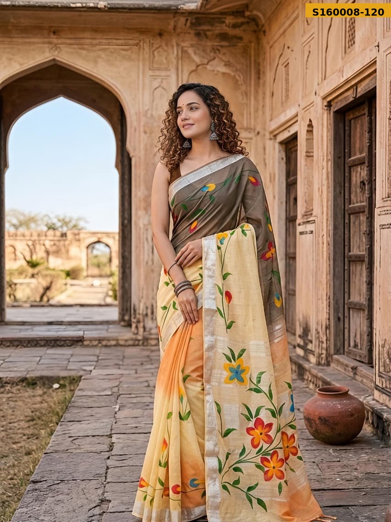 Fancy Handblock Print Linen Sarees