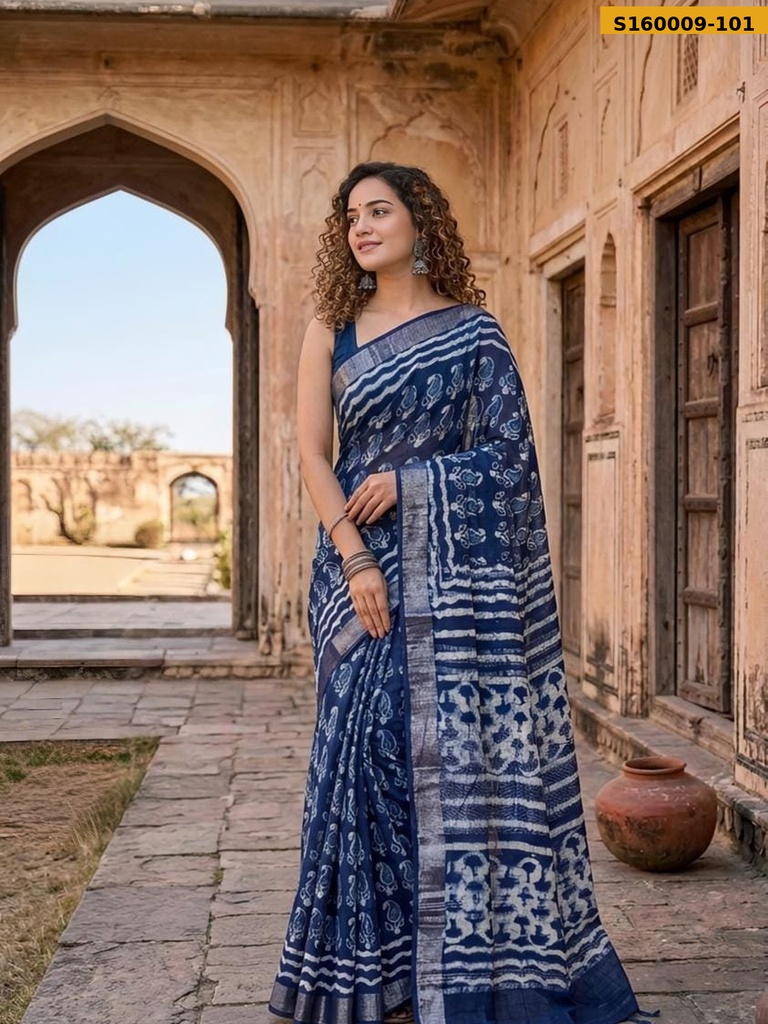 Fancy Handblock Print Linen Sarees