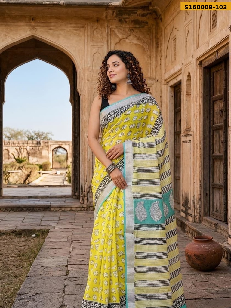 Fancy Handblock Print Linen Sarees