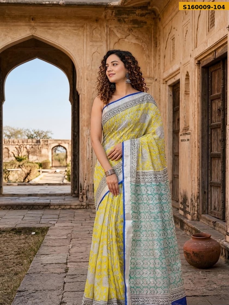 Fancy Handblock Print Linen Sarees
