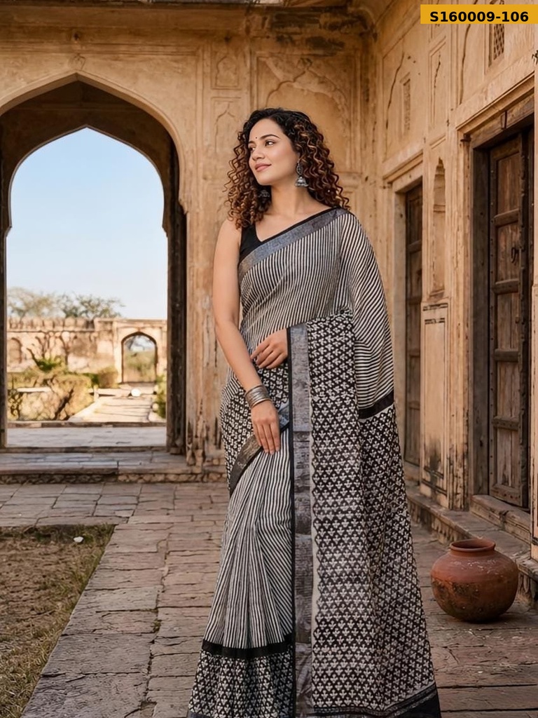 Fancy Handblock Print Linen Sarees