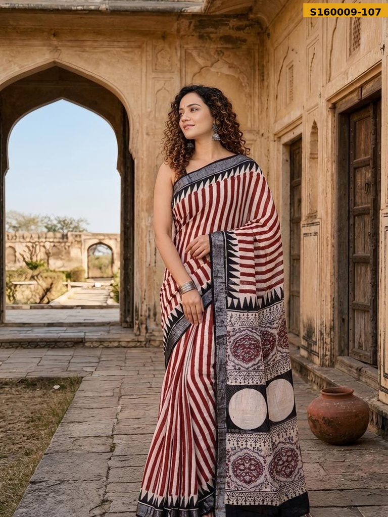 Fancy Handblock Print Linen Sarees