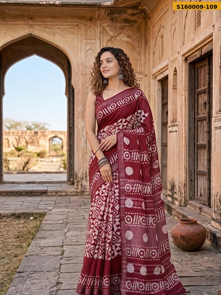 Fancy Handblock Print Linen Sarees
