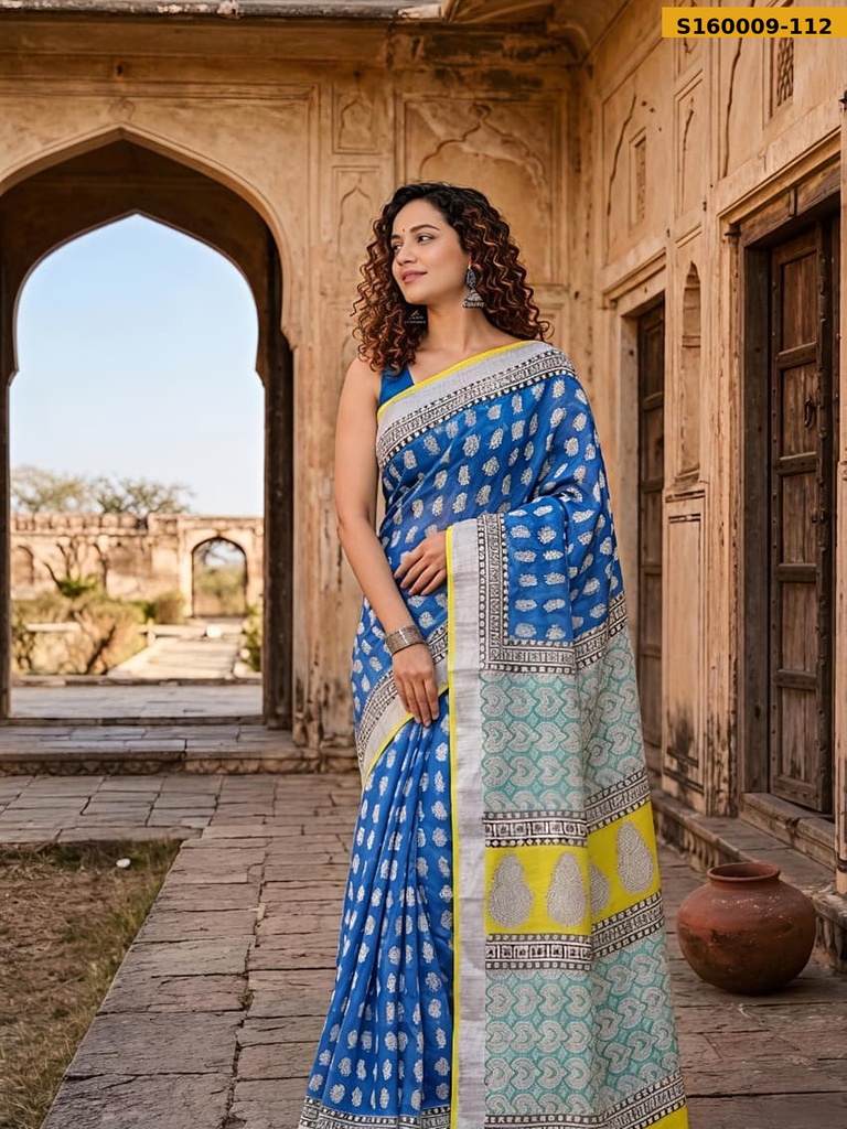 Fancy Handblock Print Linen Sarees