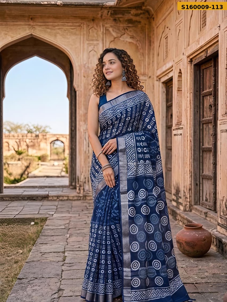 Fancy Handblock Print Linen Sarees