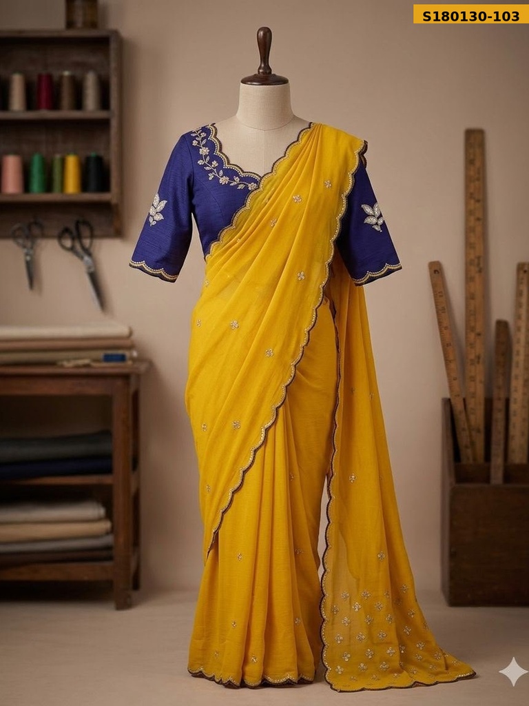 Fancy Chinnon Silk Embroidery Saree