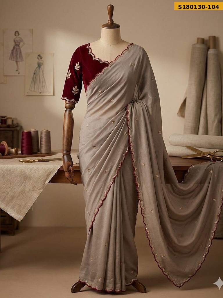 Fancy Chinnon Silk Embroidery Saree