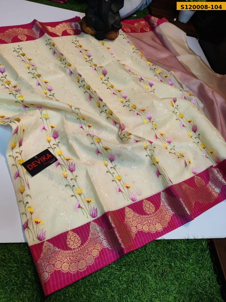 Banarasi Check Embroidery Soft Silk Saree
